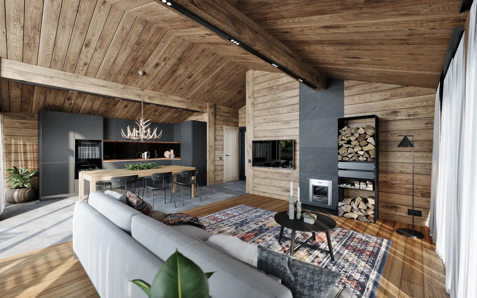 Гостиная с камином и поленницей — render интерьера «Женевы»