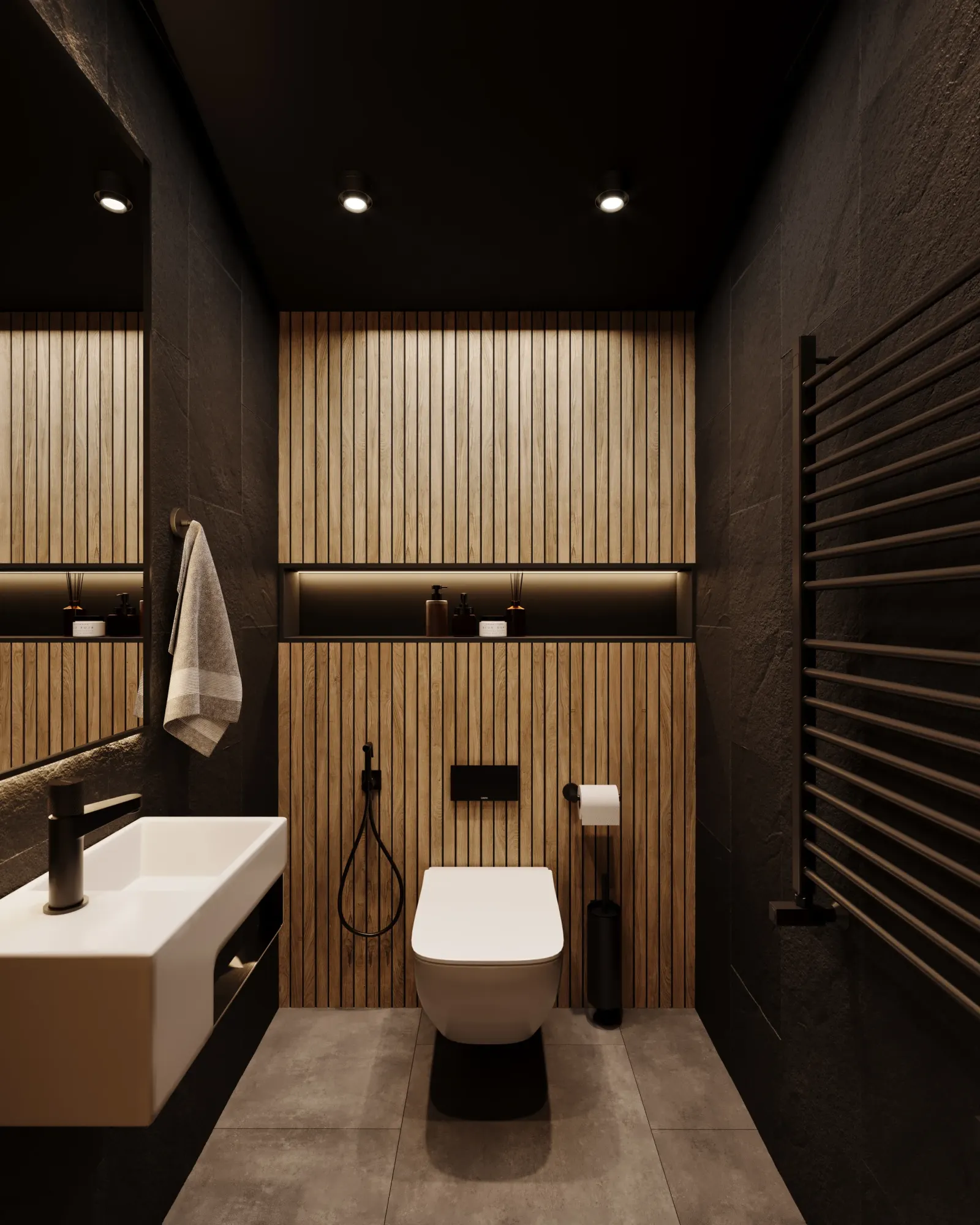 Санузел с инсталляцией и плиточной отделкой — render интерьера