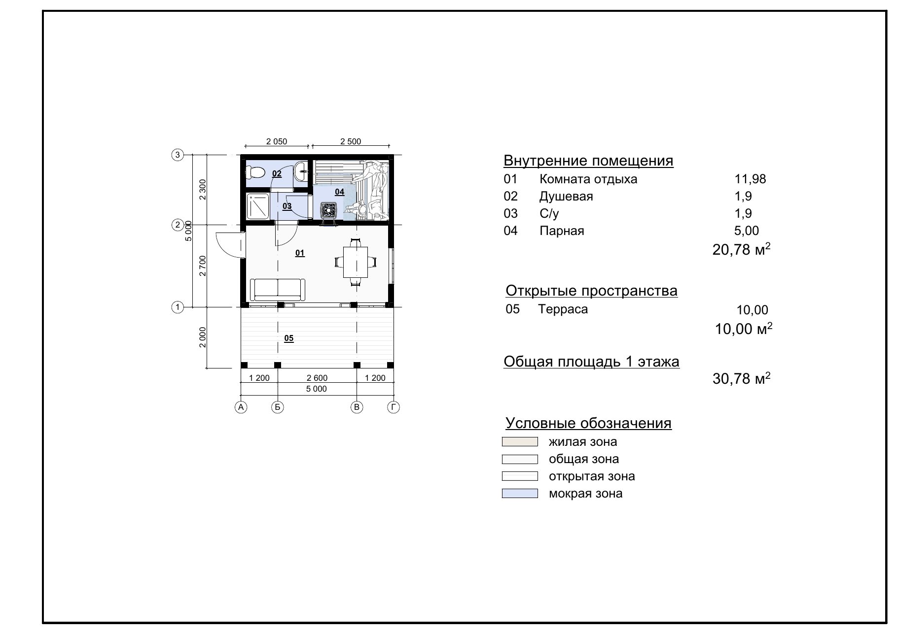 Планировка бани 5 на 5 с террасой 2 м